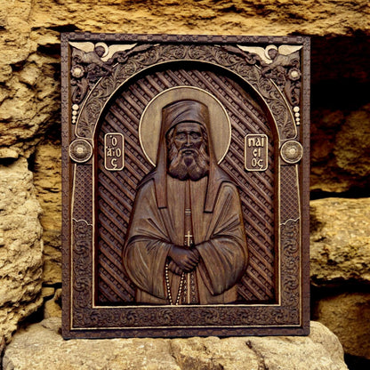 Saint Paisios of Mount Athos Wooden Carved Handmade Christian Icon. Byzantine Greek Home Decor.