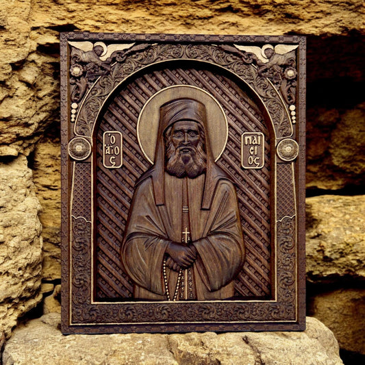 Saint Paisios of Mount Athos Wooden Carved Handmade Christian Icon. Byzantine Greek Home Decor.