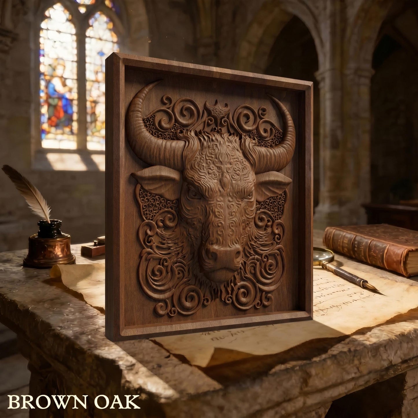 Bull Tribal Framed Bas Relief | Wooden Bull Carving | Sculptural Gift Idea