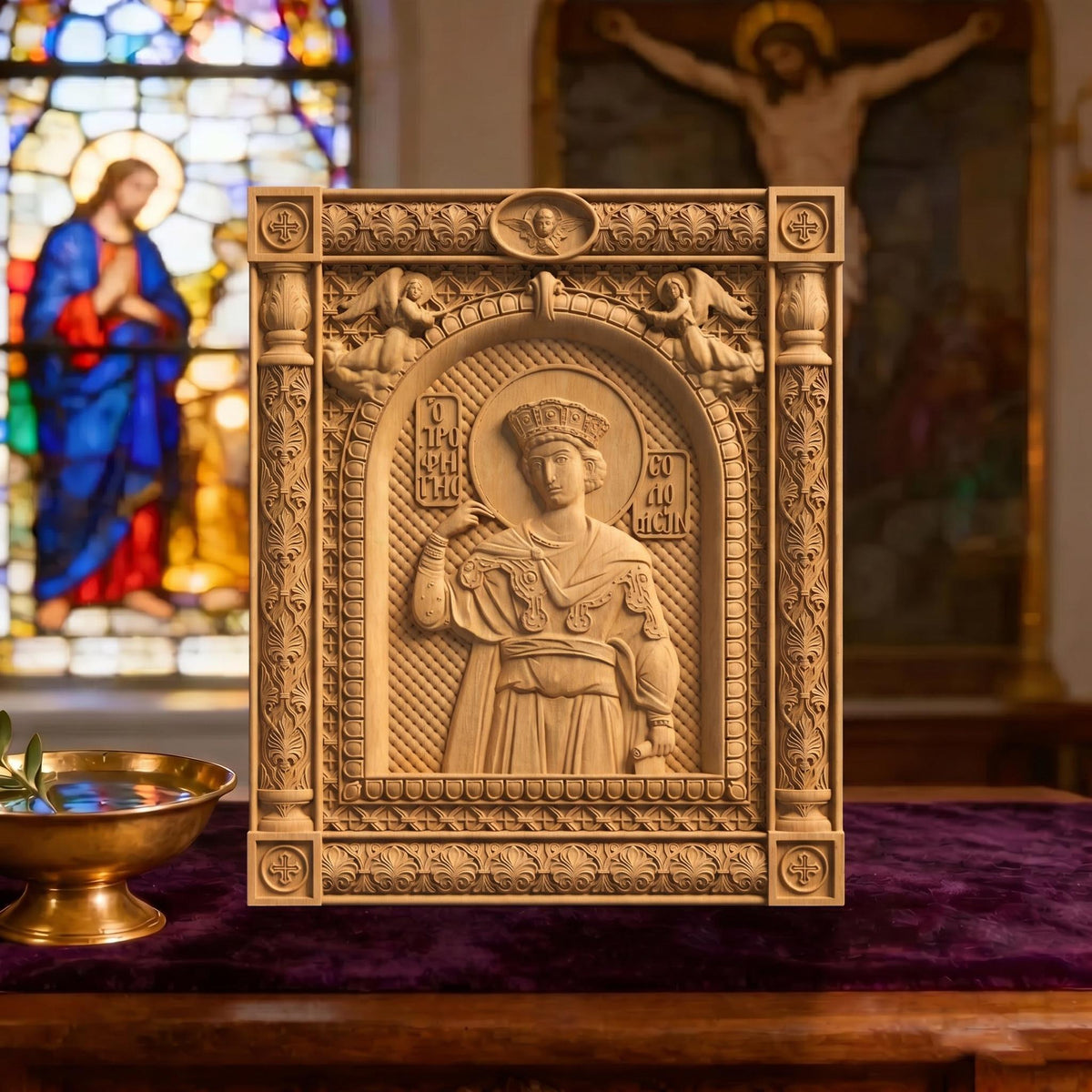 Prophet Solomon Wooden Carved Handmade Christian Icon Left Side Natural Wood Color Cretan Holy Carvings