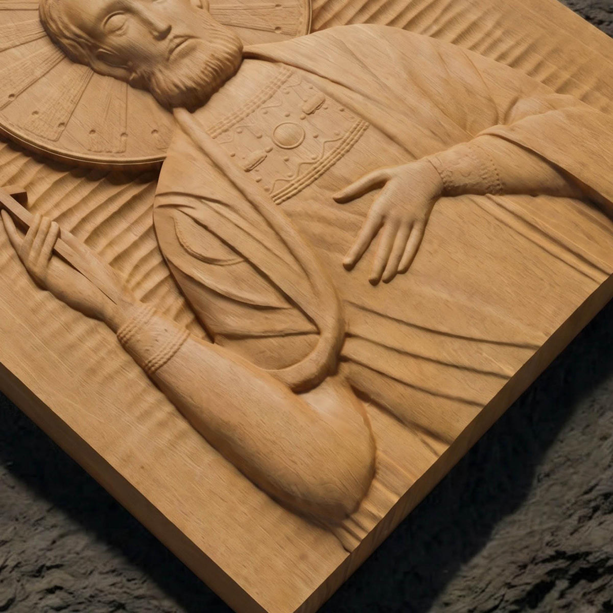 Saint Leonidas Wooden Carved Handmade Christian Icon Flat Side Natural Wood Color Cretan Holy Carvings