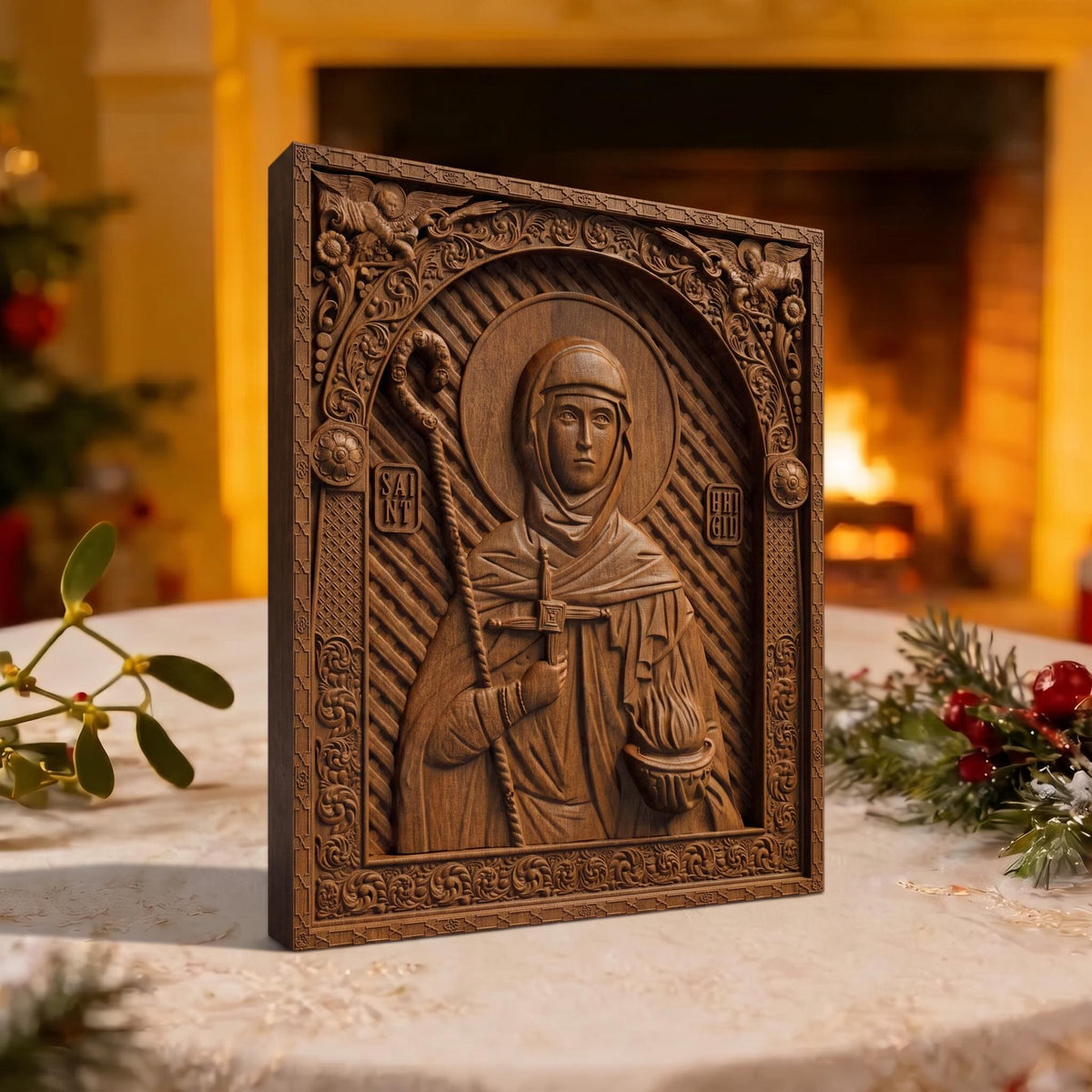 Saint Brigid Patron Saint of Poets Wooden Carved Handmade Christian Icon | Byzantine Greek Orthodox Home Art Decor