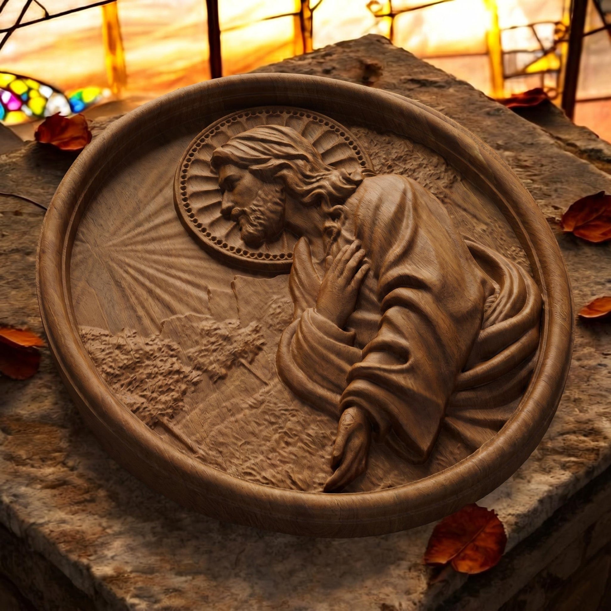 Jesus Christ Praying Plate Wooden Carved Handmade Christian Icon Flat Side Brown Oak Cretan Holy Carvings