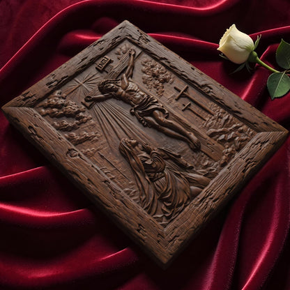 Mother Mary Under the Cross Wooden Carved Handmade Christian Icon  Byzantine Greek Orthodox Home Decor Cretan Holy Carvings