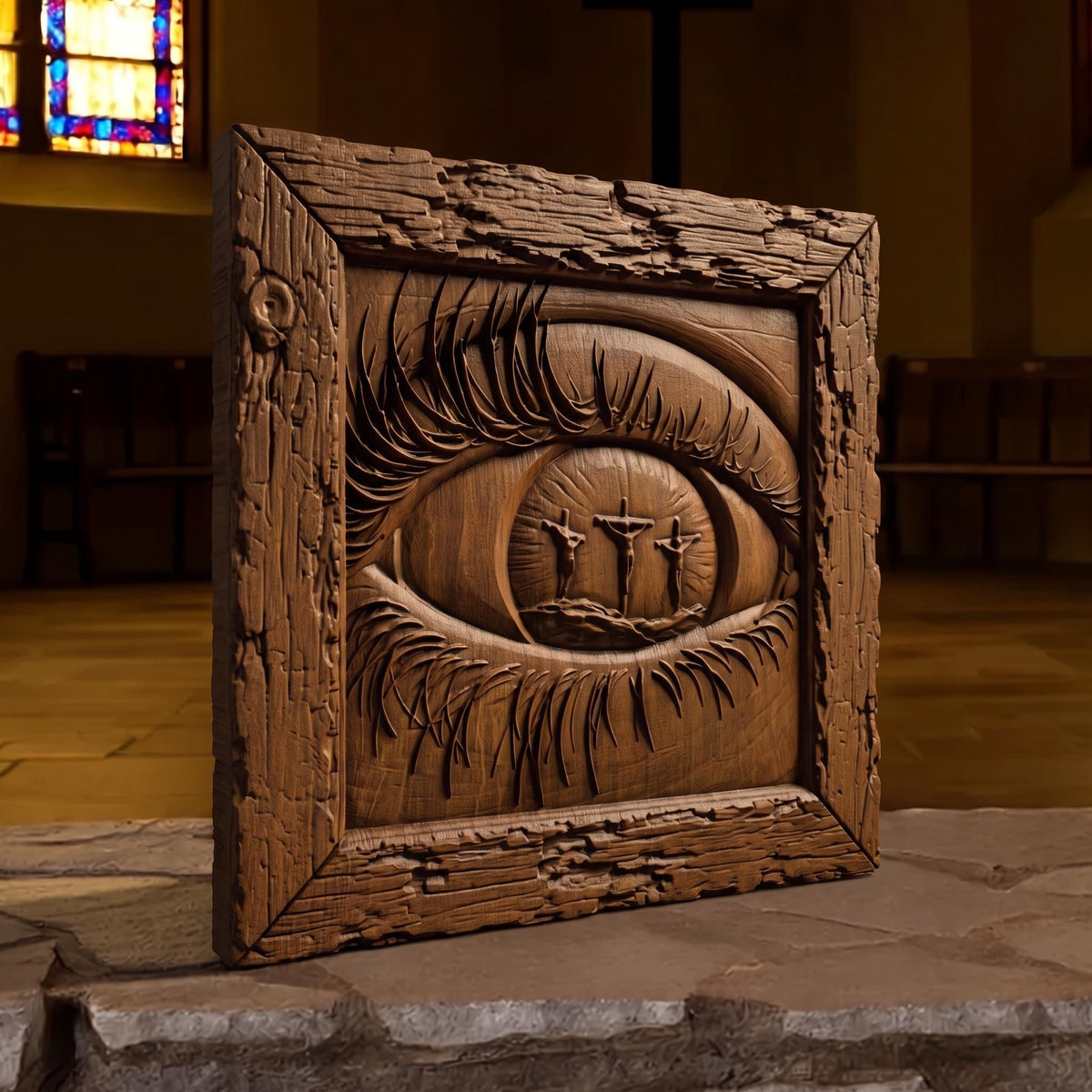 Eye Looking at God Wooden Carved Handmade Christian Icon  Byzantine Greek Orthodox Home Art Decor Cretan Holy Carvings