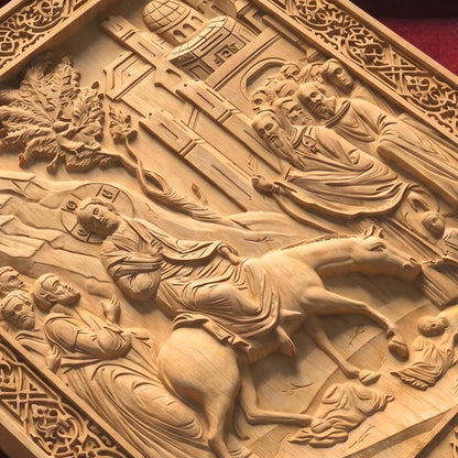 Jesus Christ Triumphal Entry  Wooden Carved Handmade Christian Icon Flat Side Natural Wood Color Cretan Holy Carvings
