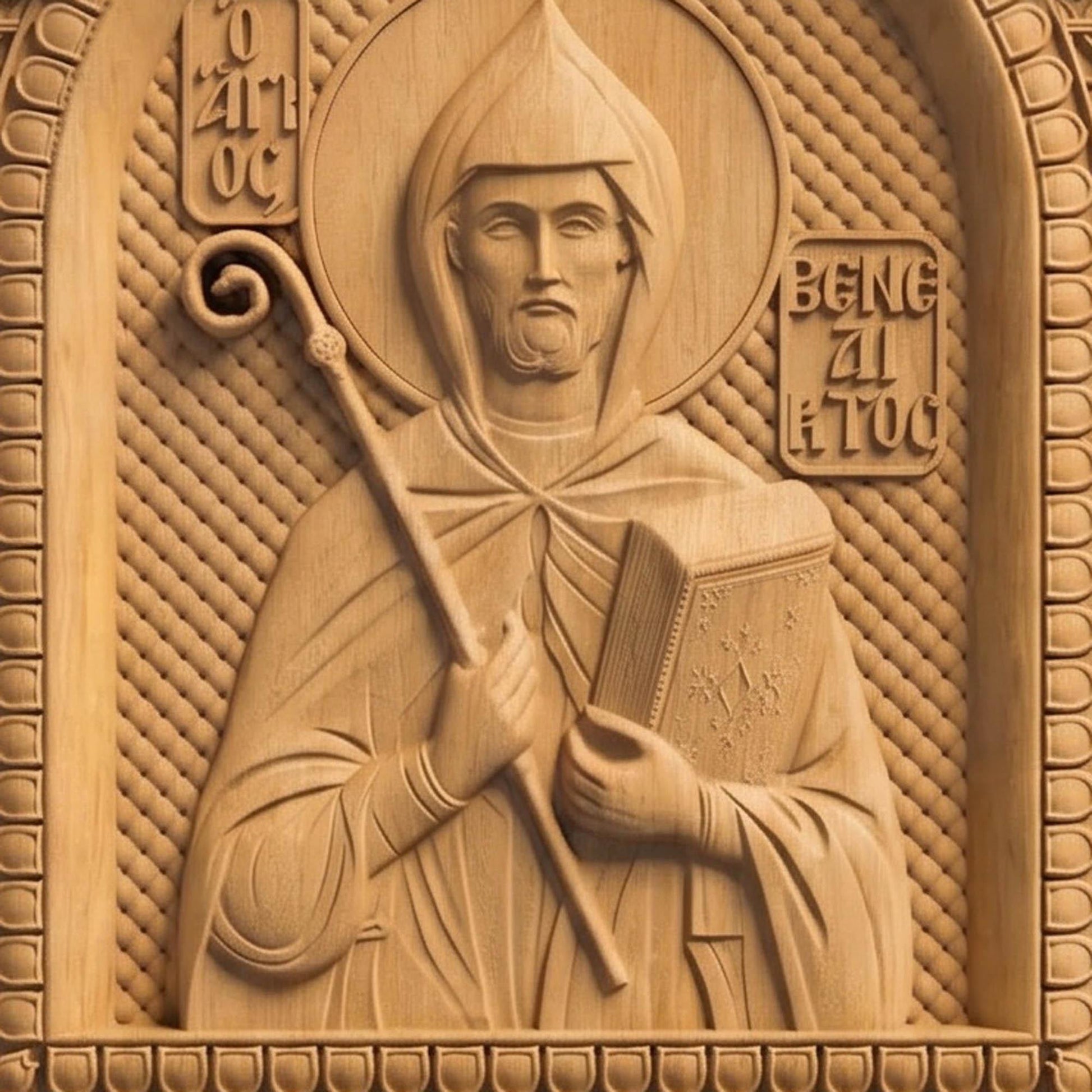Saint Benedict Patron Saint of Europe Wooden Carved Handmade Christian Icon | Byzantine Greek Orthodox Home Art Decor