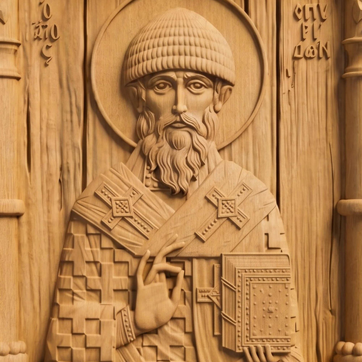 Saint Spyridon Wooden Carved Handmade Christian Icon Patron Saint of Farmers Front Side Natural Wood Color Cretan Holy Carvings