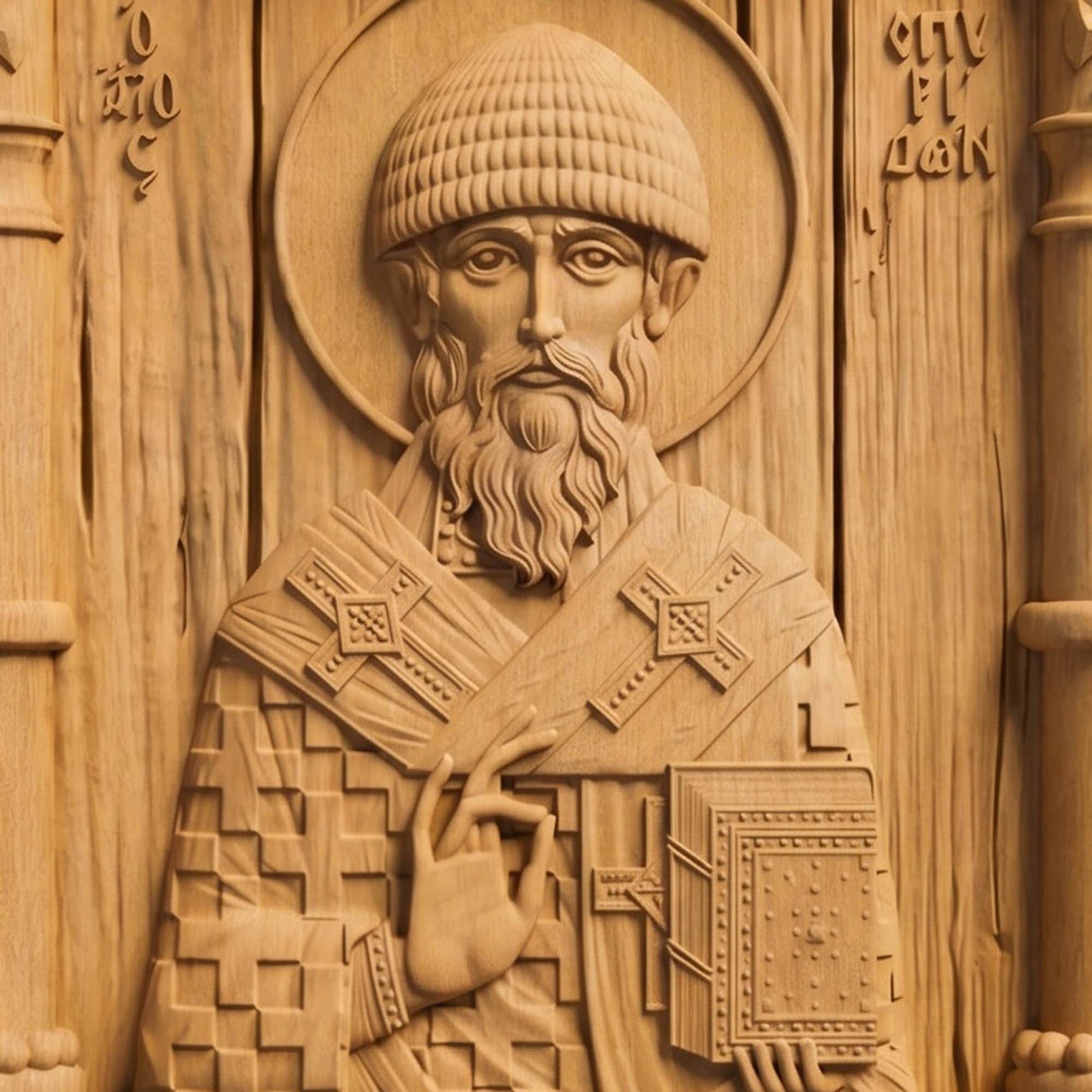 Saint Spyridon Wooden Carved Handmade Christian Icon Patron Saint of Farmers Front Side Natural Wood Color Cretan Holy Carvings