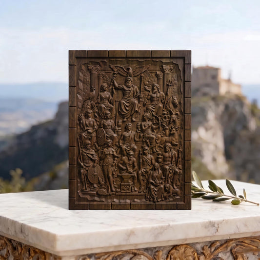 The Gathering of Olympian Gods 3D Wooden Bas Relief Panel Art Sculptural Gift Idea Cretan Holy Carvings