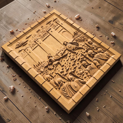 Achilles Fights Hector of Troy 3D Wooden Bas Relief Panel Art Sculptural Gift Idea Cretan Holy Carvings