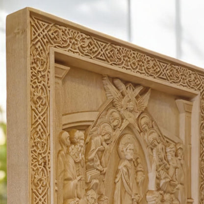 Dormition of the Mother of God Wooden Carved Handmade Christian Icon. Byzantine Greek Decor.