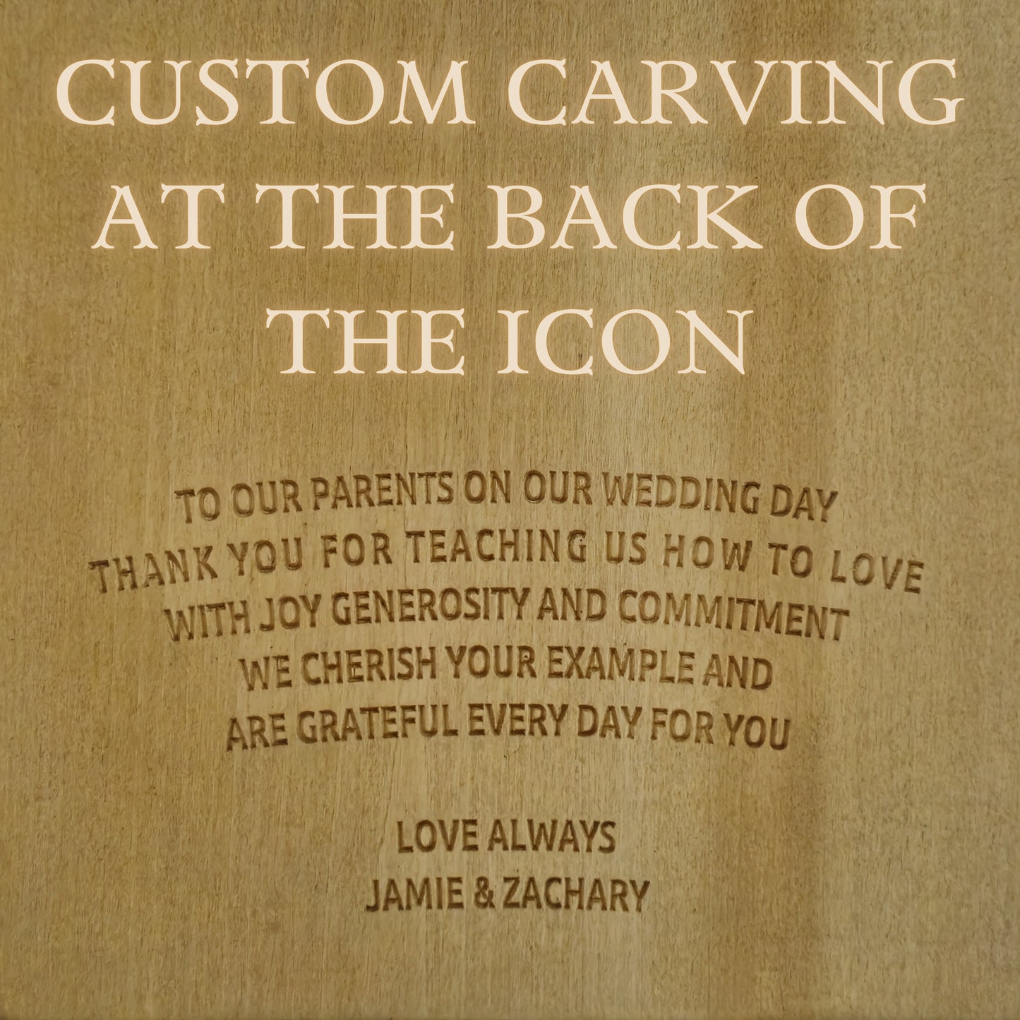 The image is a personalized message carved into a wooden surface, expressing gratitude and love for the parents on a wedding day.