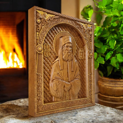 Saint Paisios of Mount Athos Wooden Carved Handmade Christian Icon. Byzantine Greek Home Decor.