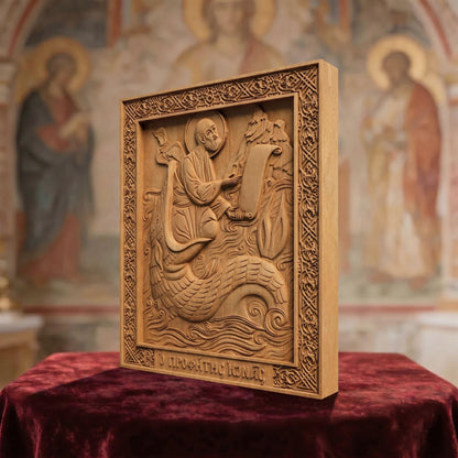 Prophet Jonah Wooden Carved Handmade Christian Icon. Byzantine Greek Orthodox Home Decor.