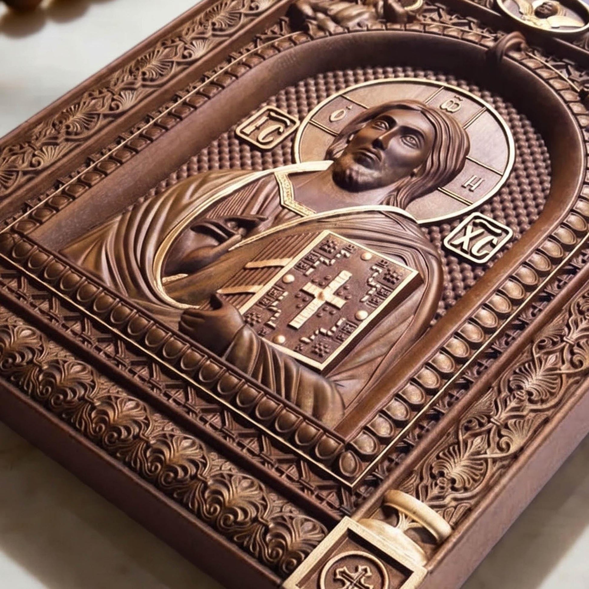 Christ Pantocrator of Sinai Wooden Carved Handmade Christian Icon Flat Side Golden Dark Cretan Holy Carvings