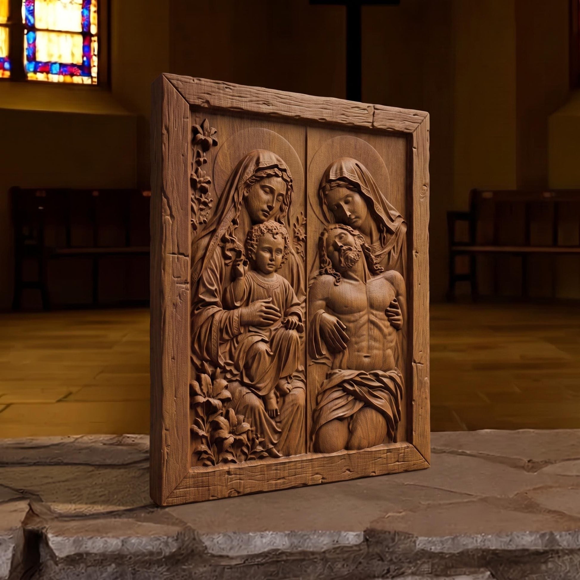 Jesus and Mother Mary Wooden Carved Handmade Christian Icon  Byzantine Greek Orthodox Home Decor Cretan Holy Carvings
