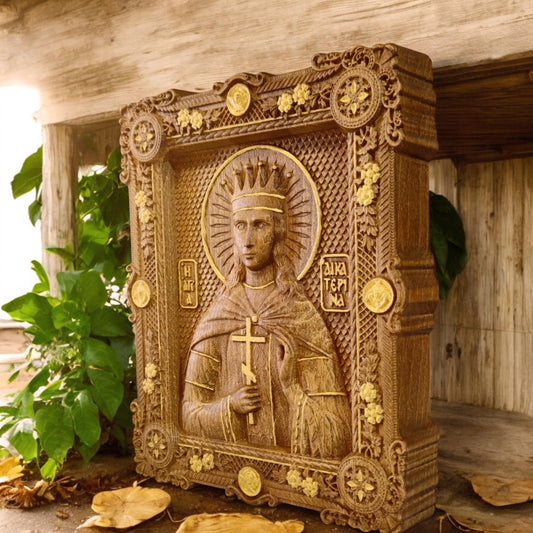 Saint Catherine Wooden Carved Handmade Christian Icon. Byzantine Greek Orthodox Home Art Decor.