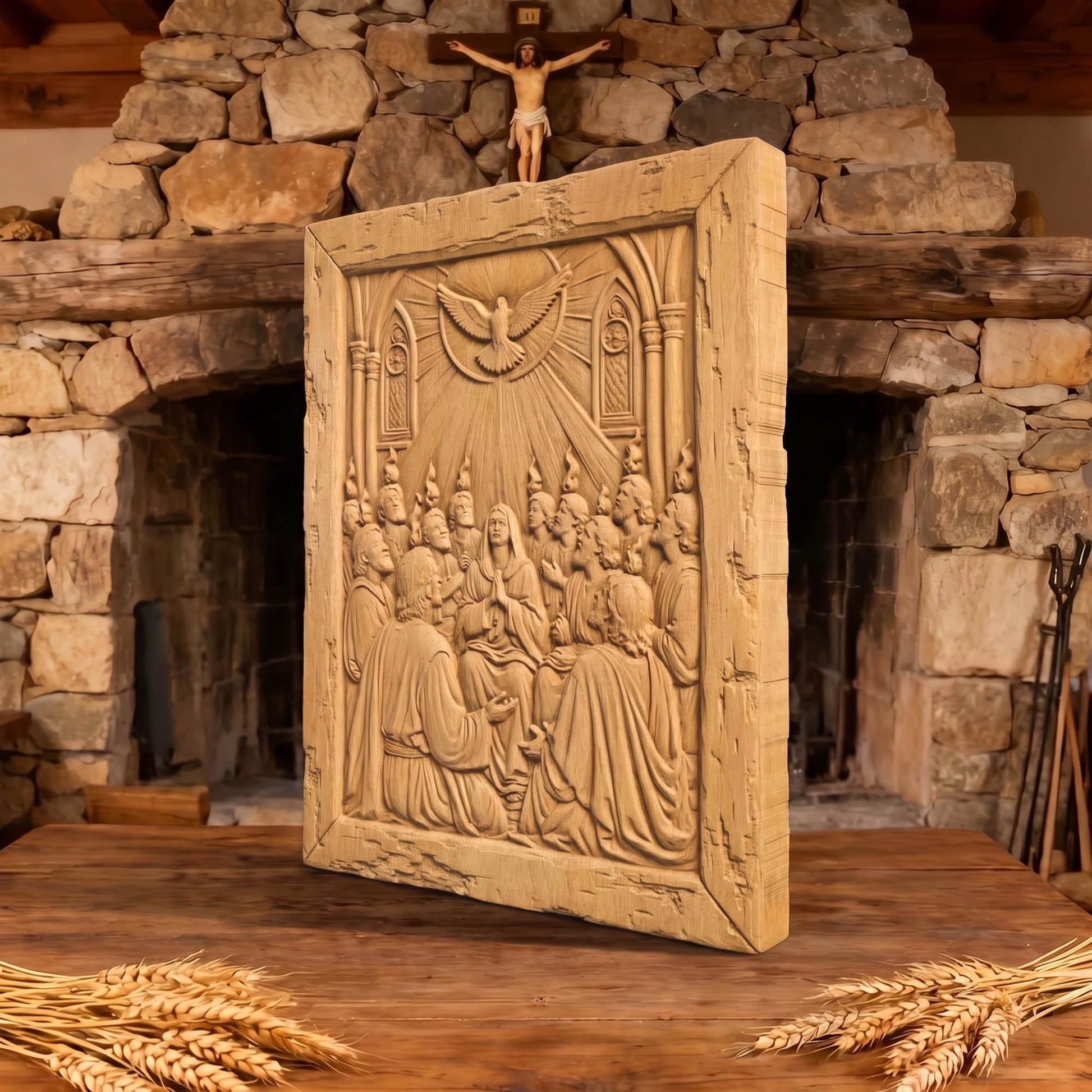 Pentecoste the Holy Spirit as Tongues of Fire Wooden Carved Handmade Christian Icon  Byzantine Greek Orthodox Home Decor Cretan Holy Carvings