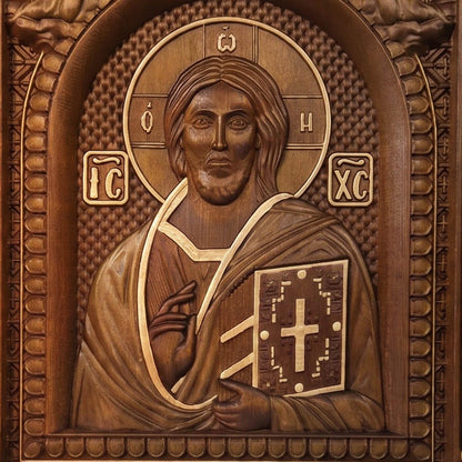 Christ Pantocrator of Sinai Wooden Carved Handmade Christian Icon Front Side Golden Brown Cretan Holy Carvings