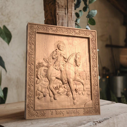 Saint Menas of Egypt Wooden Carved Handmade Christian Icon. Byzantine Greek Orthodox Home Decor.