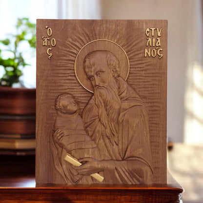 Saint Stylianos Wooden Carved Handmade Christian Icon. Byzantine Greek Orthodox Home Art Decor.
