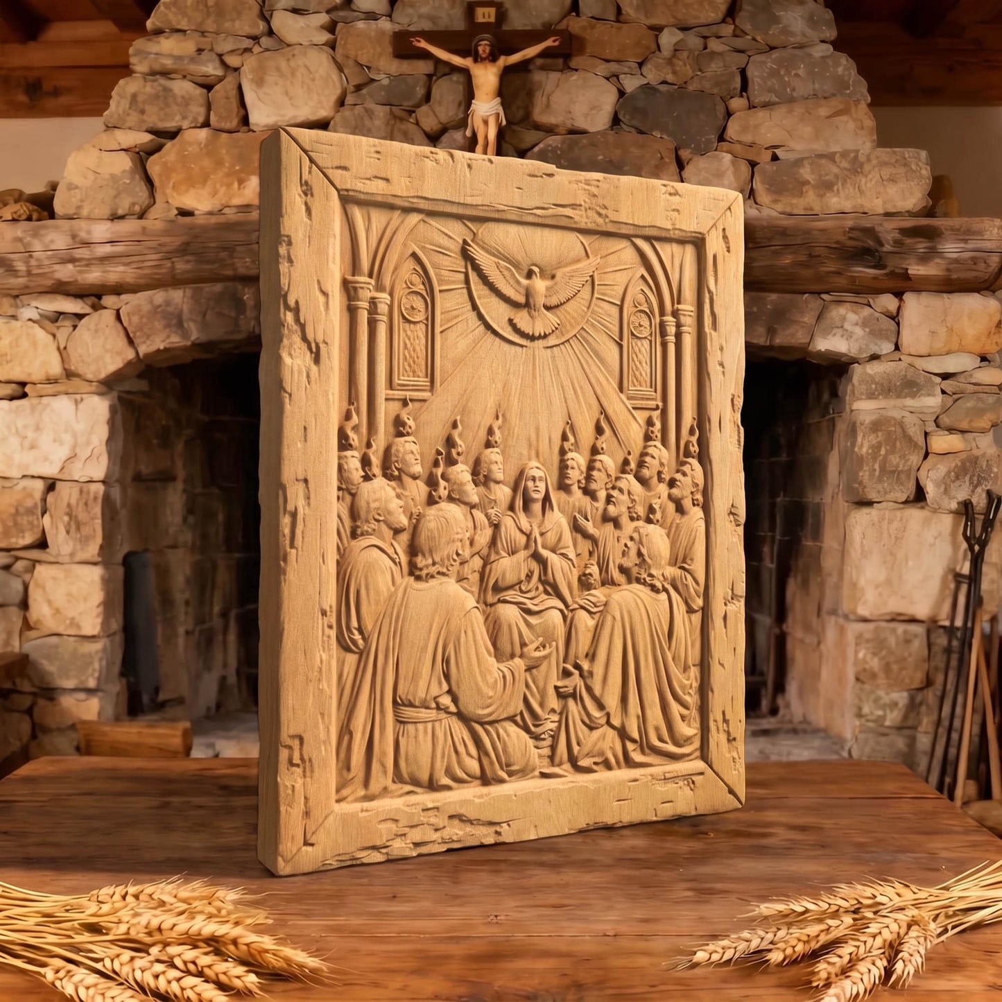 Pentecoste the Holy Spirit as Tongues of Fire Wooden Carved Handmade Christian Icon  Byzantine Greek Orthodox Home Decor Cretan Holy Carvings