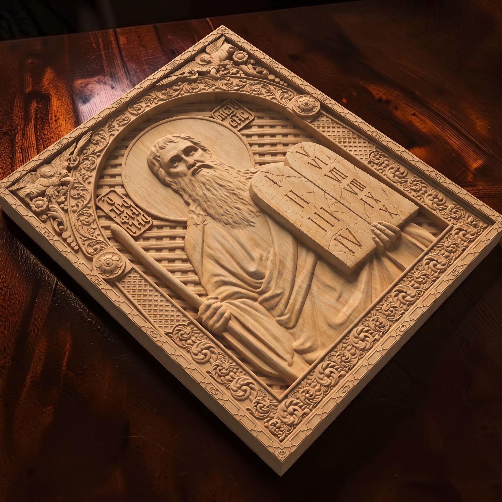 Prophet Moses Wooden Carved Handmade Christian Icon | Byzantine Greek Orthodox Home Art Decor