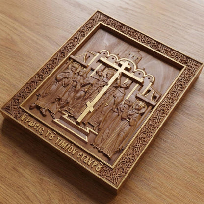 The Elevation of the Holy Cross Wooden Carved Handmade Christian Icon. Byzantine Greek Decor.