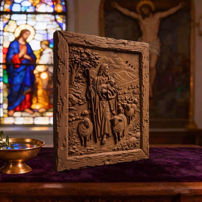 Jesus Christ the Good Shepherd Wooden Carved Handmade Christian Icon  Byzantine Greek Orthodox Home Decor Cretan Holy Carvings