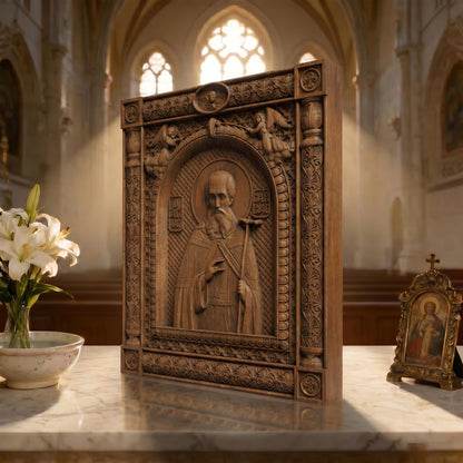 Saint Savvas the Sanctified Wooden Carved Handmade Christian Icon | Byzantine Greek Orthodox Home Art Decor