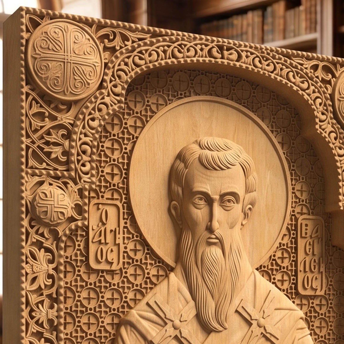 Saint Basil the Great Wooden Carved Handmade Christian Icon Patron Saint of the Poor Left Side Natural Wood Color Cretan Holy Carvings