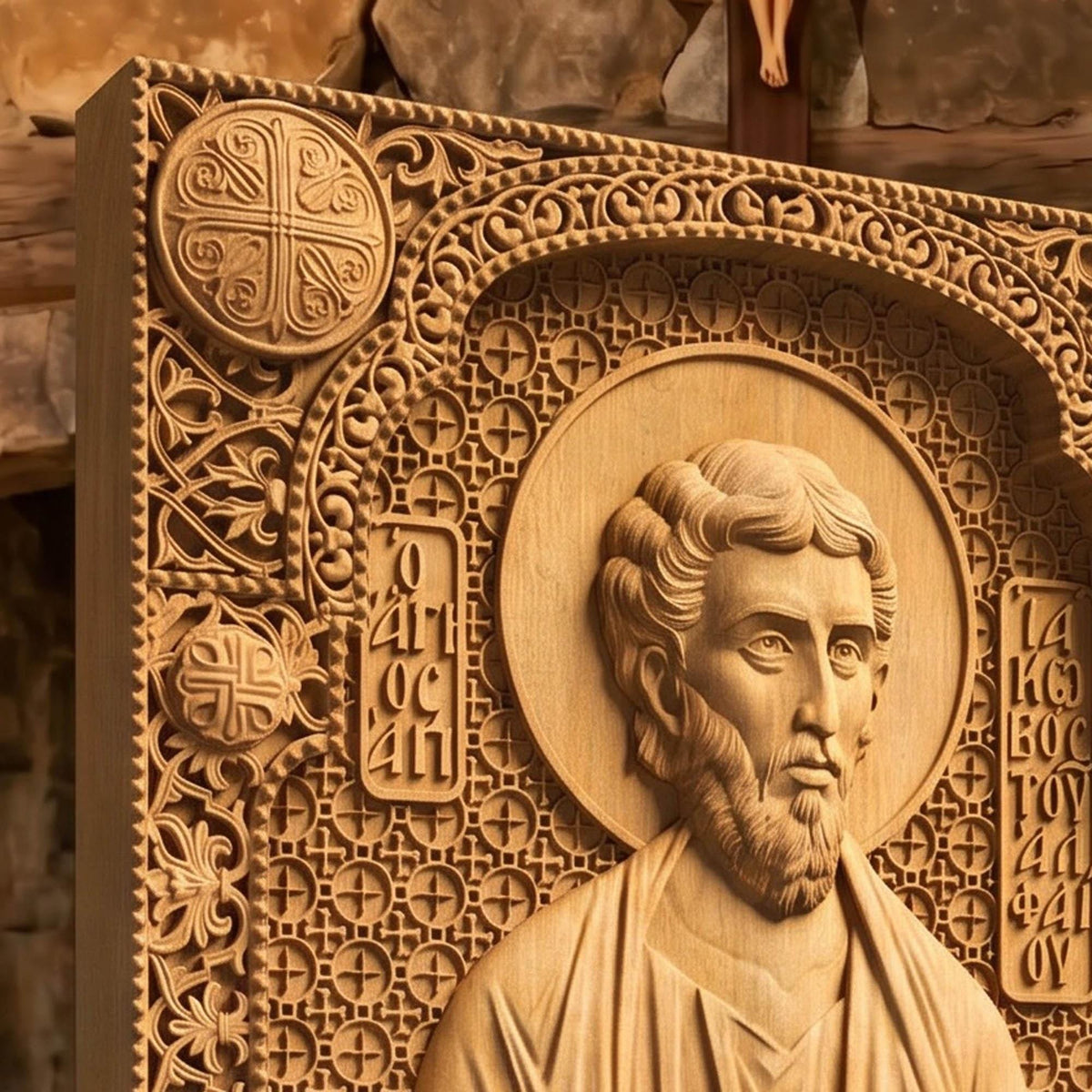 Saint James of Alphaeus the Apostle Wooden Carved Handmade Christian Icon Patron Saint of Pharmacists Left Side Natural Wood Color Cretan Holy Carvings