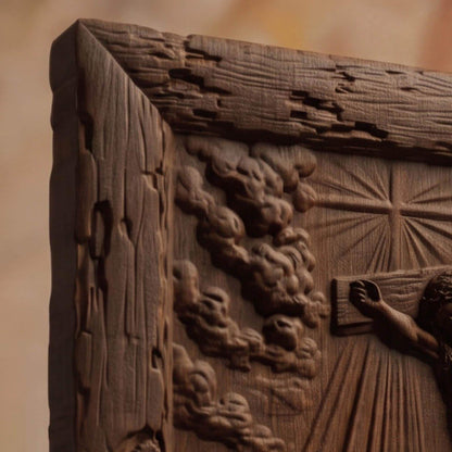 Mother Mary Under the Cross Wooden Carved Handmade Christian Icon  Byzantine Greek Orthodox Home Decor Cretan Holy Carvings