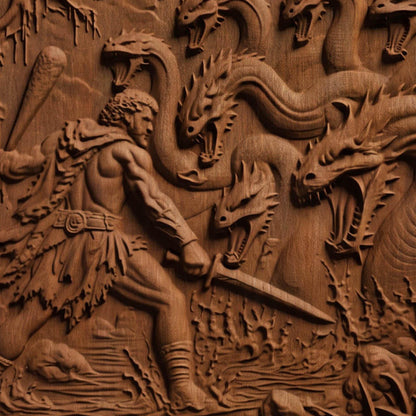 Hercules Fighting the Hydra 3D Wooden Bas Relief Panel Art Sculptural Gift Idea Cretan Holy Carvings