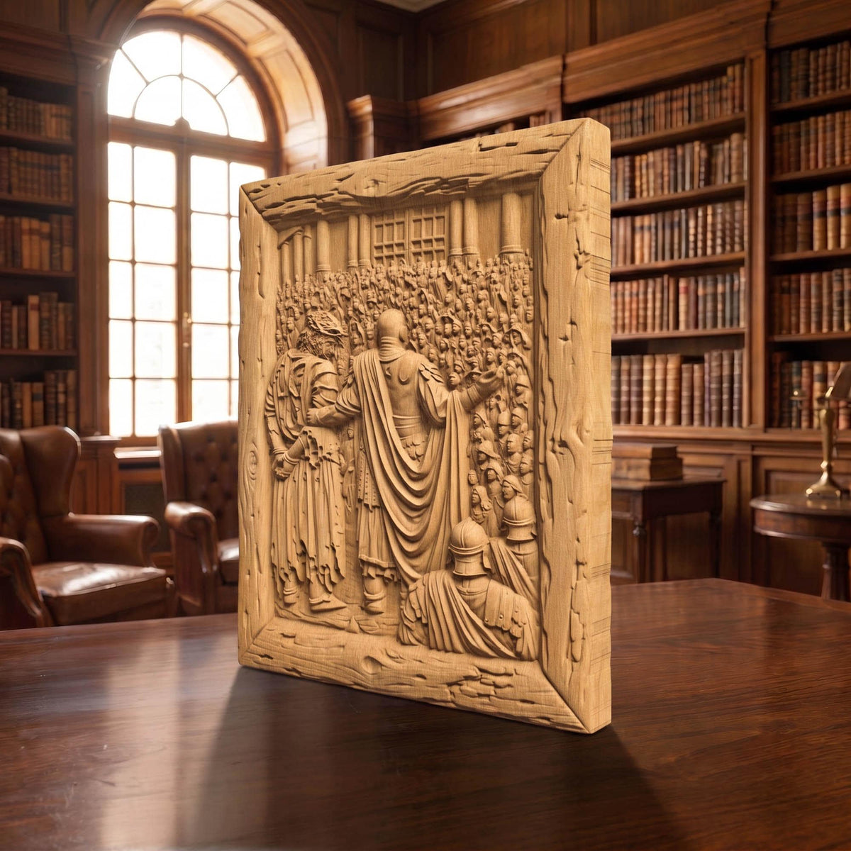 Jesus Christ in Front of the Condemning Crowd Wooden Carved Handmade Christian Icon  Byzantine Greek Orthodox Home Decor Cretan Holy Carvings