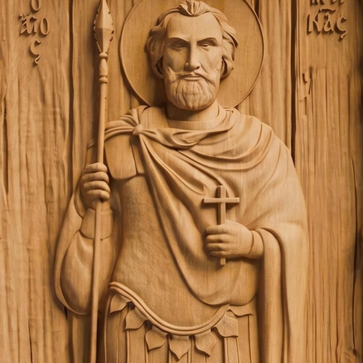 Saint Menas of Egypt Wooden Carved Handmade Christian Icon Patron Saint of Travelers Front Side Natural Wood Color Cretan Holy Carvings