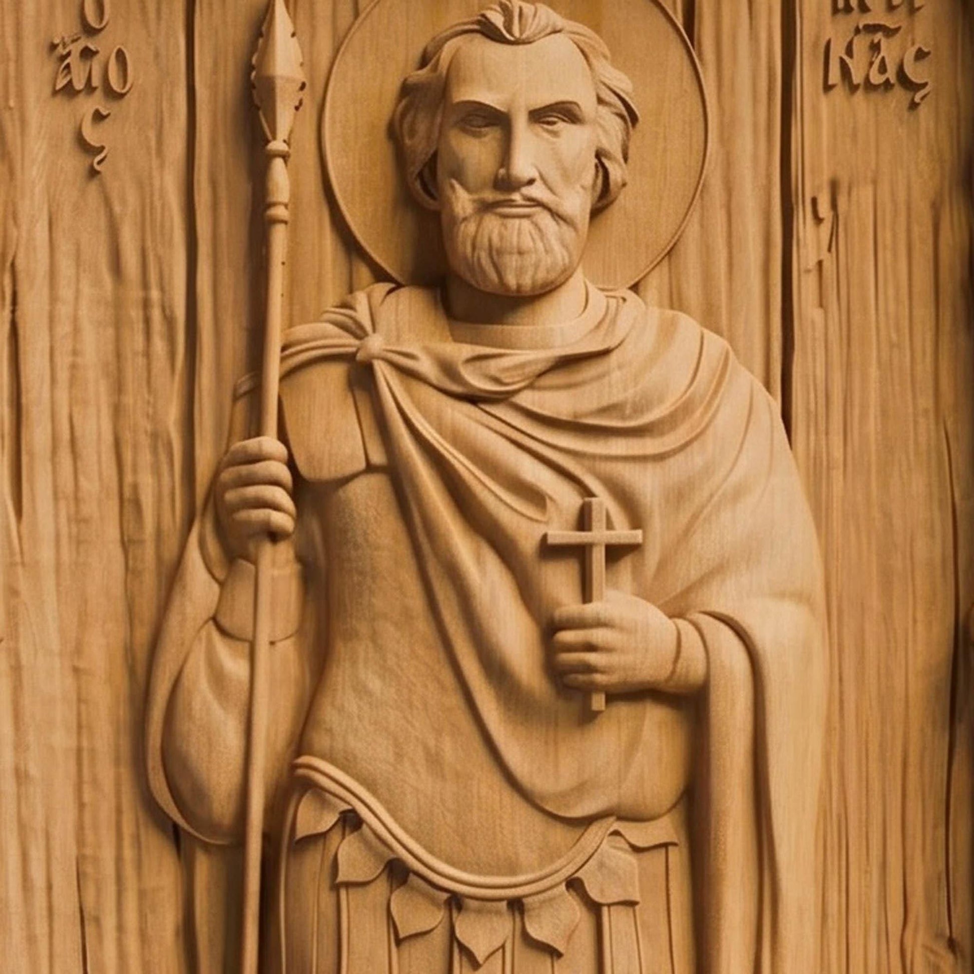 Saint Menas of Egypt Wooden Carved Handmade Christian Icon Patron Saint of Travelers Front Side Natural Wood Color Cretan Holy Carvings