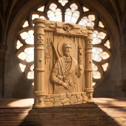 Saint Theodore Tyron Wooden Carved Handmade Christian Icon Left Side Natural Wood Color Cretan Holy Carvings