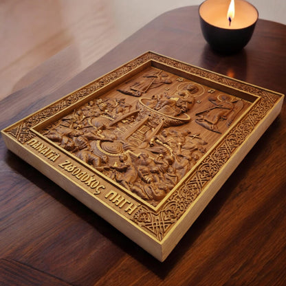 Mother of God Life-giving Spring Wooden Carved Handmade Christian Icon. Byzantine Greek Orthodox Decor.