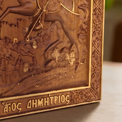 Saint Demetrius of Thessaloniki Wooden Carved Handmade Christian Icon Left Side Golden Brown Cretan Holy Carvings