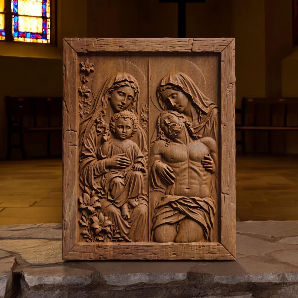 Jesus and Mother Mary Wooden Carved Handmade Christian Icon  Byzantine Greek Orthodox Home Decor Cretan Holy Carvings