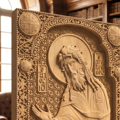 Saint John the Baptist Wooden Carved Handmade Christian Icon Left Side Natural Wood Color Cretan Holy Carvings