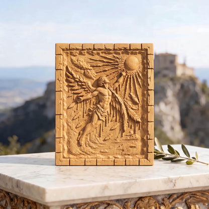 Icarus Melting Wings from Ancient Greek Mythology 3D Wooden Bas Relief Panel Art Sculptural Gift Idea Cretan Holy Carvings