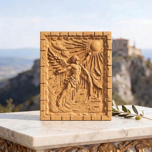 Icarus Melting Wings from Ancient Greek Mythology 3D Wooden Bas Relief Panel Art Sculptural Gift Idea Cretan Holy Carvings