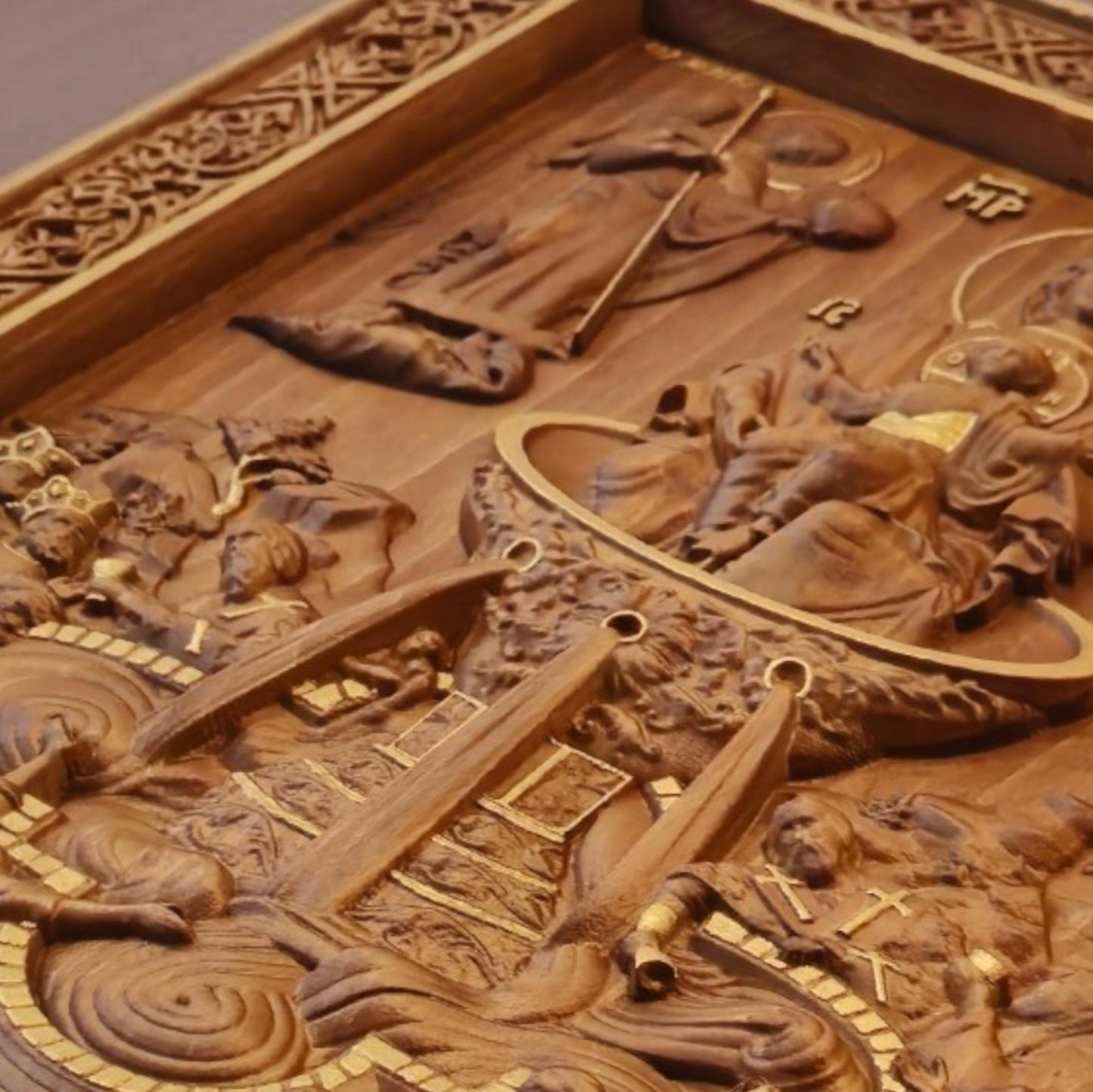 Mother of God Life-giving Spring Wooden Carved Handmade Christian Icon. Byzantine Greek Orthodox Decor.