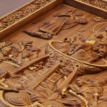Mother of God Life-giving Spring Wooden Carved Handmade Christian Icon. Byzantine Greek Orthodox Decor.