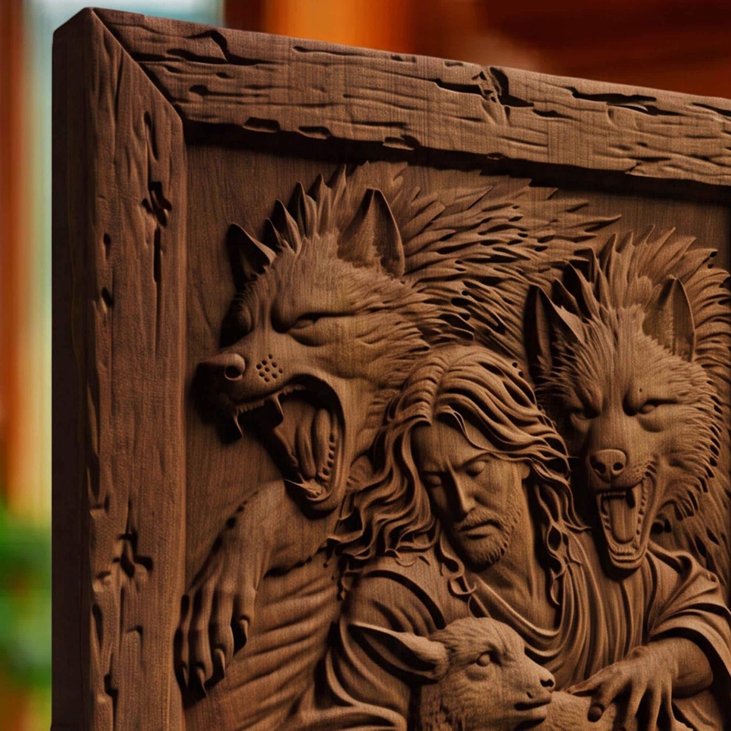 Jesus Christ Saves from the Wolves Wooden Carved Handmade Christian Icon  Byzantine Greek Orthodox Home Art Decor Cretan Holy Carvings
