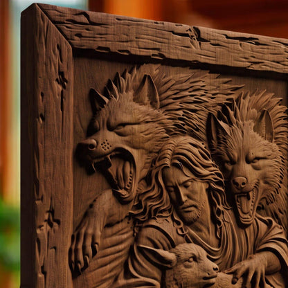 Jesus Christ Saves from the Wolves Wooden Carved Handmade Christian Icon  Byzantine Greek Orthodox Home Art Decor Cretan Holy Carvings