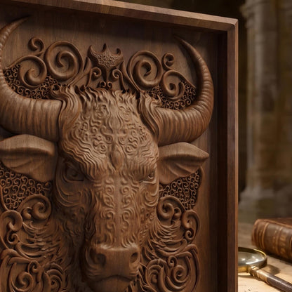 Bull Tribal Framed Bas Relief | Wooden Bull Carving | Sculptural Gift Idea
